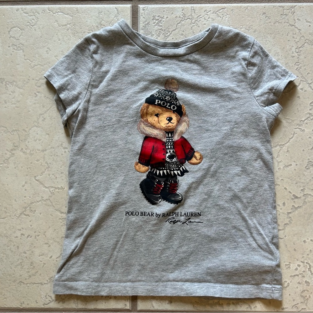 Polo Ralph Lauren Boys Graphic Polo Bear Cotton T Shirt Size 5 Grey